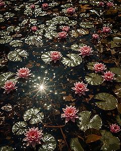 Serene Sparkle: Pink Water Lilies in a Sunlit Pond Aesthetic