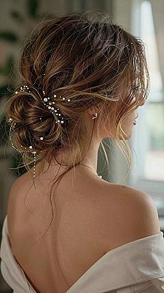 Messy Updo Hairstyles With Delicate Pearl Hair Pins