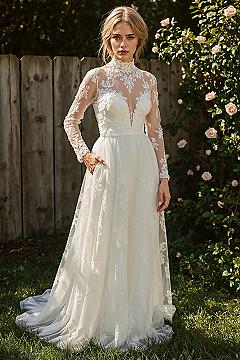 Boho-Chic Tulle Wedding Dress: High Neck Embroidery & Sheer Bodice