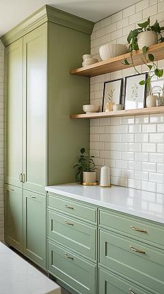 Sage Green Kitchen Cabinets: Airy Design with Open Shelving & Crockery Storage