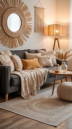 Boho Living Room: Grey Couch, Natural Textures & Beige Decor Ideas