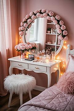 Girly Pink Bedroom Idea with Fairy Lights: Rose Gold Room Aesthetic
