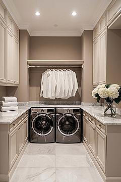 Dream Laundry Room Storage: Chic White Cabinets & Marble Elegance