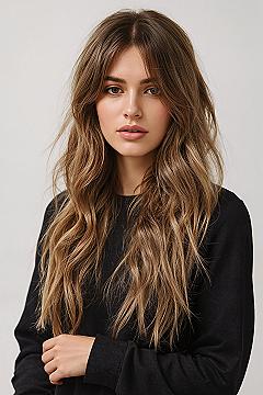 Volume & Flow: Long Layered Hair with Cascading Curtain Bangs