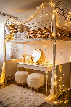 Dreamy Girl’s Loft Bedroom: Aesthetic Golden Touches & Fairy Lights