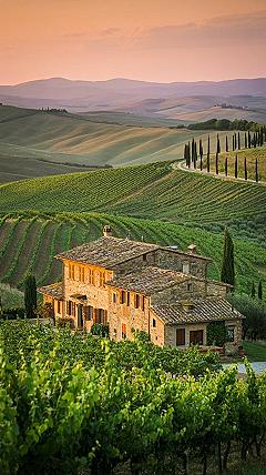 Golden Hour Tuscan Farmhouse: Idyllic Italian Countryside Landscape