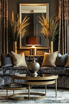 Glam Living Room Designs: Dark Grey & Metallic Accents for Luxurious Interiors