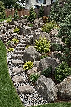 Sloped Yard Transformation: Chic Evergreen Rockery Designs