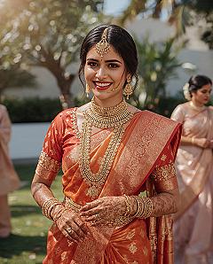 Radiant South Indian Bride: Burnt Orange & Gold Wedding Style