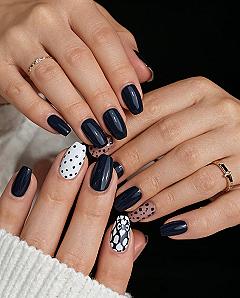Top Navy Blue & White Polka Dot Nails with Bow Accents