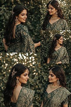 Radiant Engagement Saree Hairstyle: Half-Up Style with Gold Jewelry