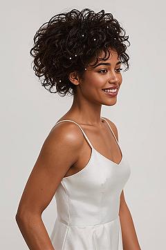 Curly Hair Wedding Updo: Natural Bridal Hairstyle with Elegant Pearl Accents