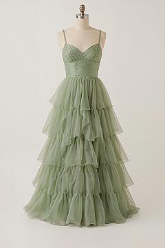Graceful A-Line Sage Green Bridesmaid Dress with Ruffles