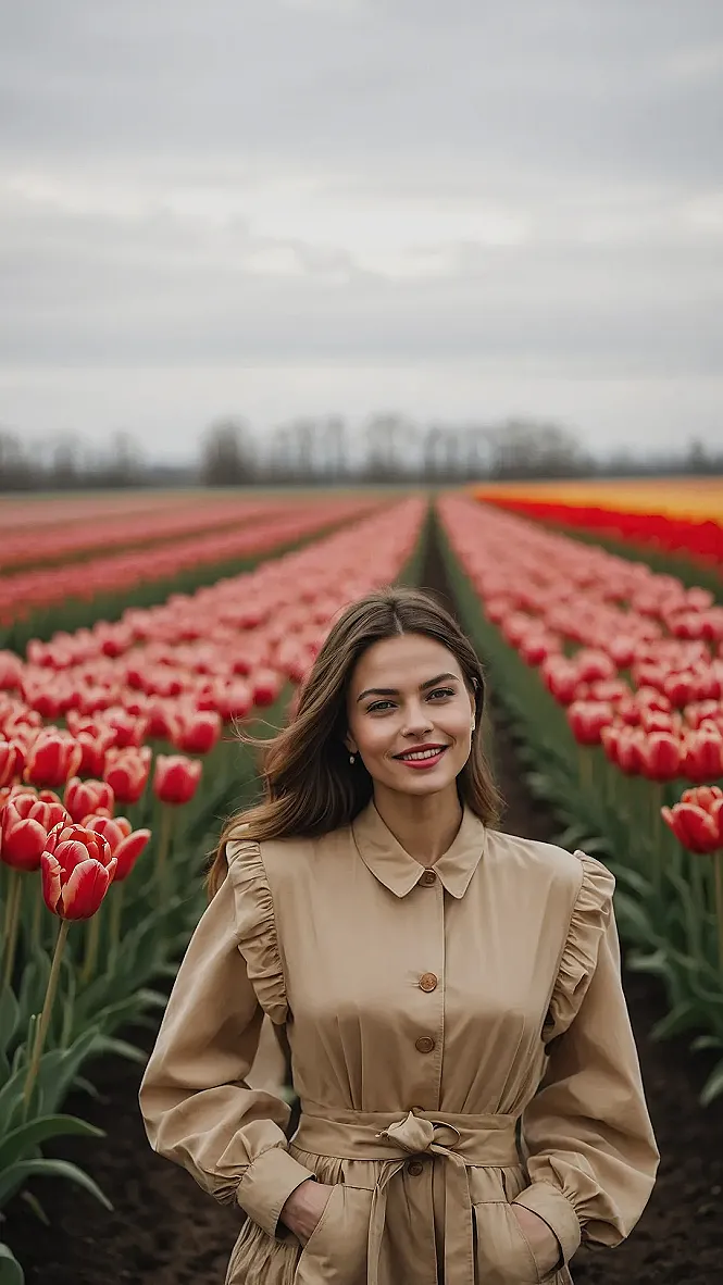 Trench Coat Chic Among the Tulips