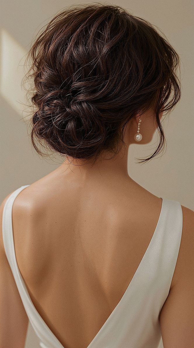 Elegant Dark Hair Bridal Updo: Timeless Low Bun Wedding Hairstyle