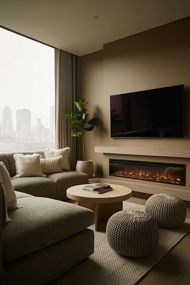 Cozy Apartment Fireplace Decor: Modern Grey Sectional & Wall-Mounted TV