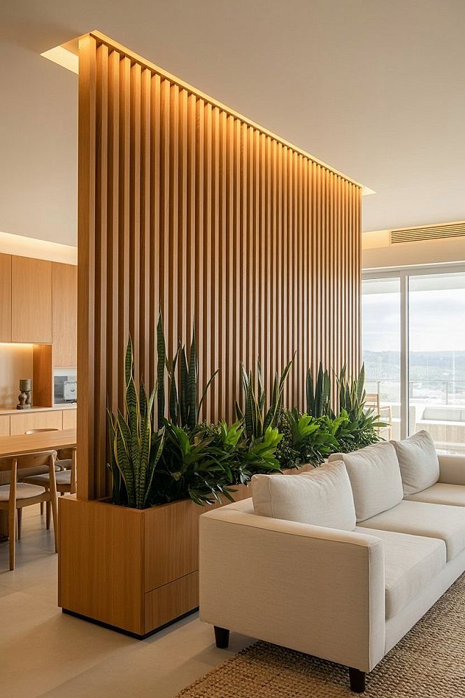Chic Slatted Wood Room Divider with Built-in Planter for Modern Living