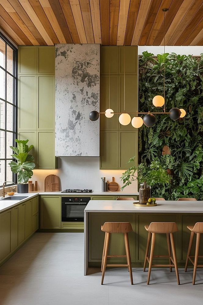 Modern Green Kitchens: Wood & Concrete Fusion for Chic Home Decor