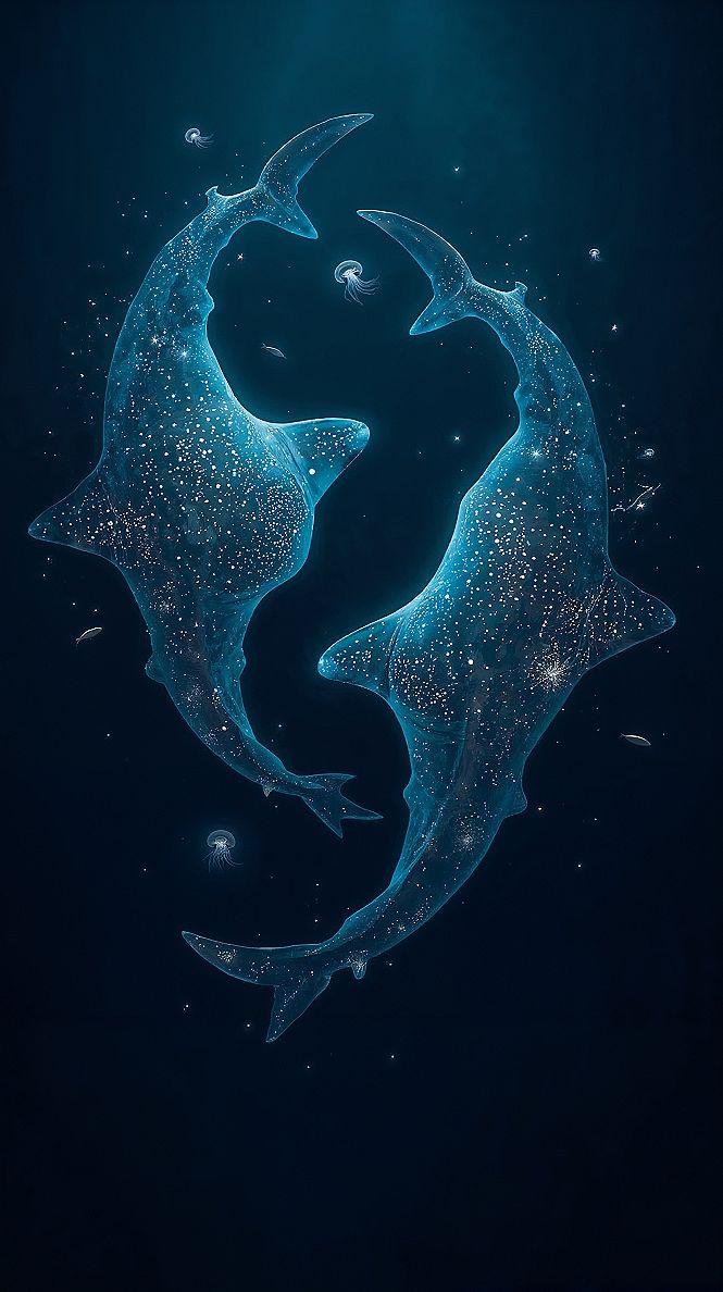 Cosmic Whale Sharks: Ethereal Blue Ocean iPhone Wallpaper