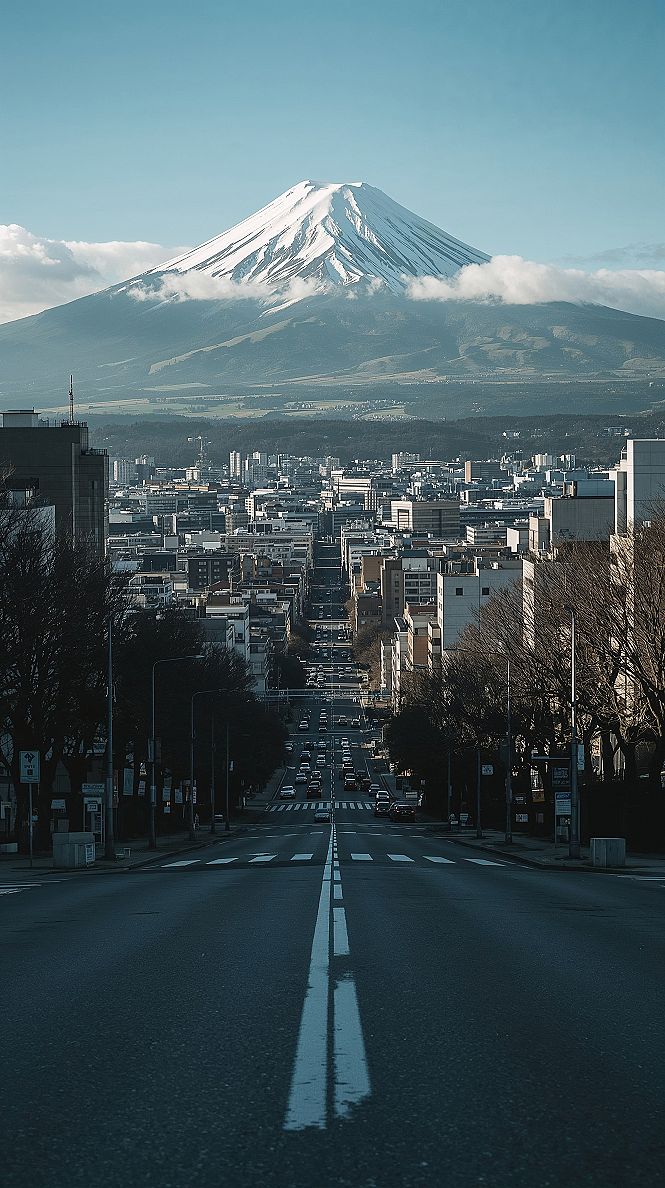 Majestic Mount Fuji: Winter's Embrace on a Dream City