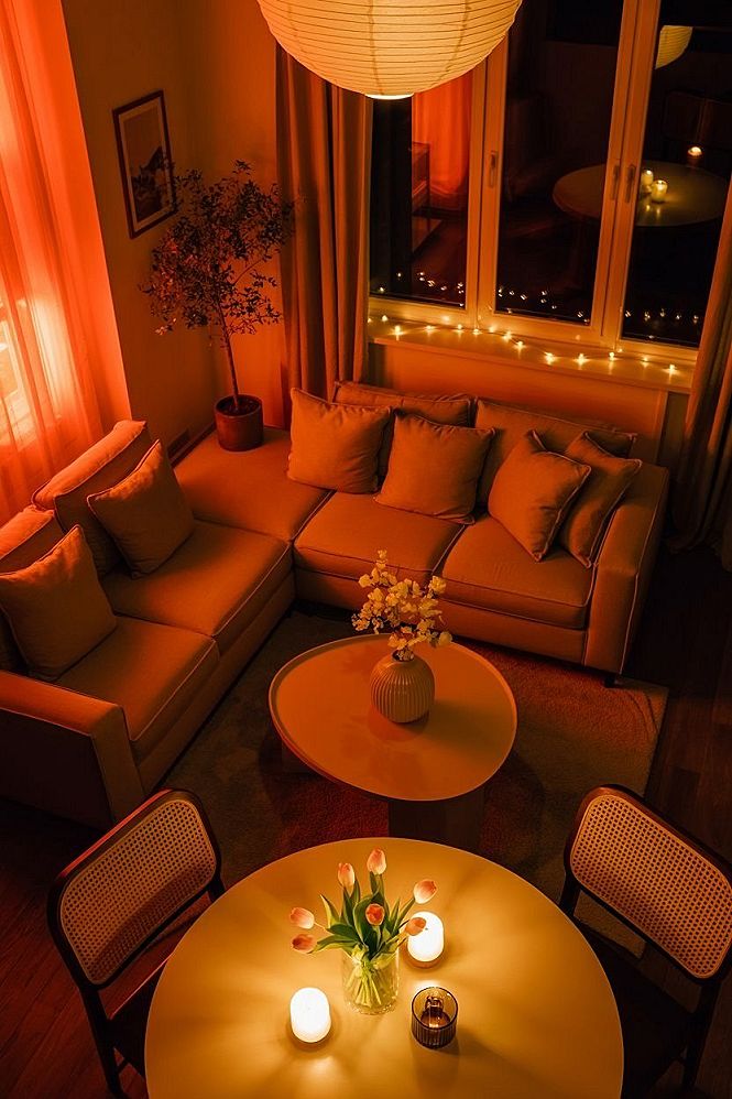 Cozy Apartment Living Room: Sunset Glow & Warm Lighting Ideas