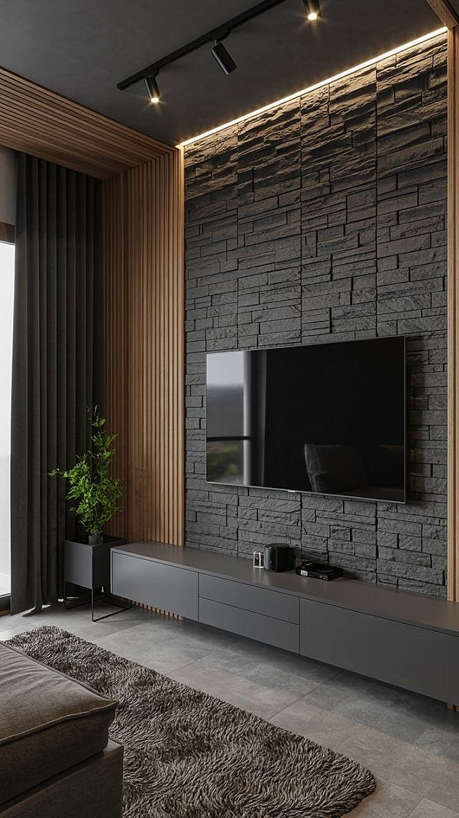 Sleek Modern Living Room TV Wall Design with Stone Accents
