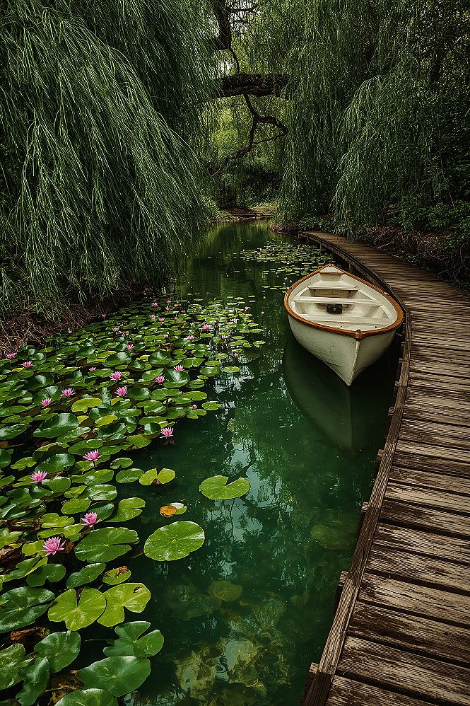 Enchanted Forest Oasis: Serene Willow Tree Lake Scene