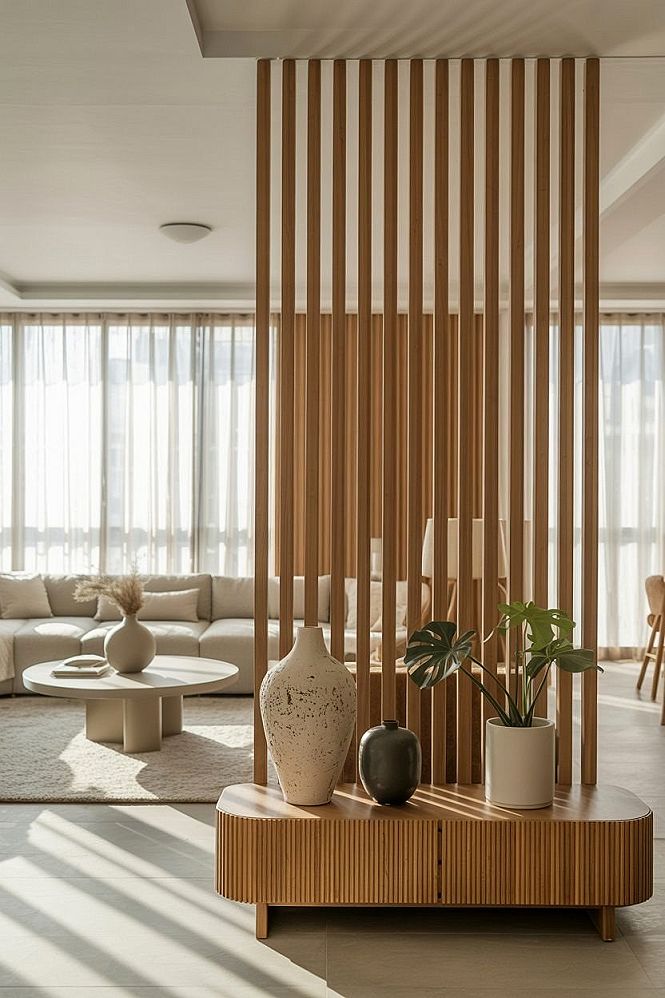 Japandi Living Room Partition: Elegant Wood Slat Divider Ideas