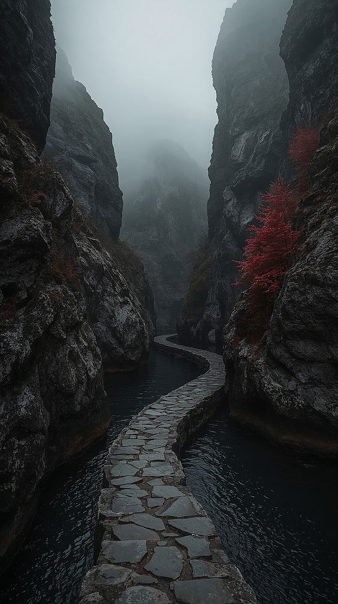 Mystical Autumn Gorge: Dark Nature Aesthetic 4K Wallpaper