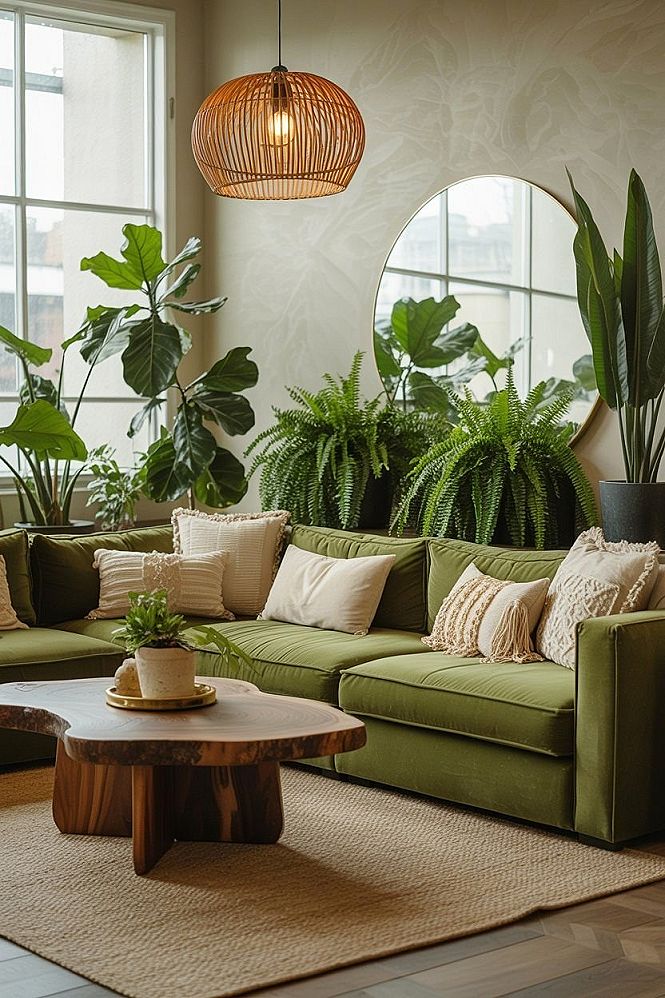 Dreamy Boho Living Room: Green Couch & Budget Decor