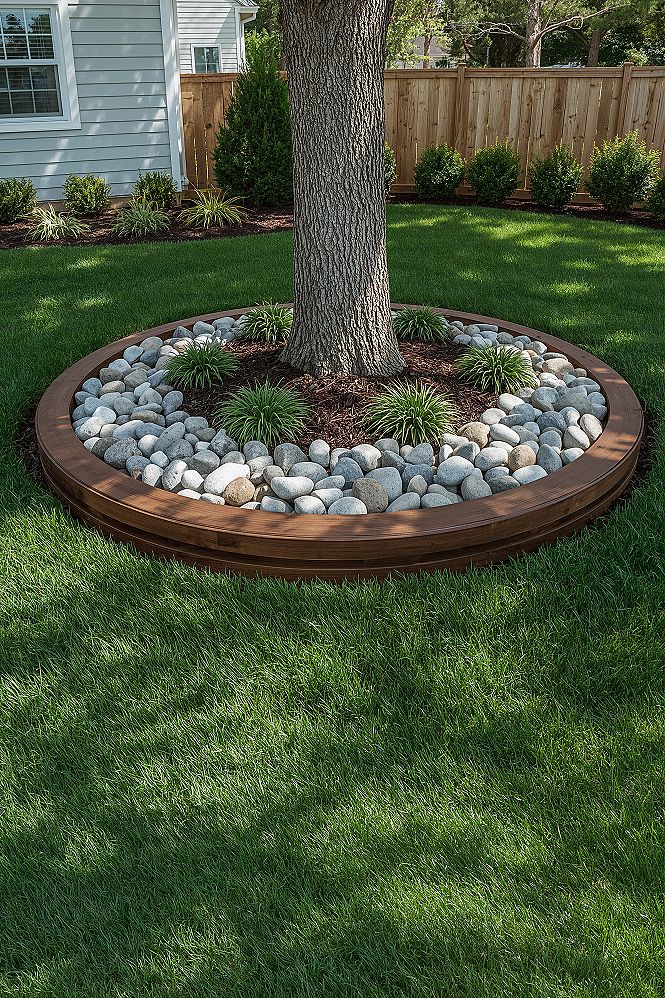 Stunning Front Yard Landscaping Ideas Around Trees with Rocks