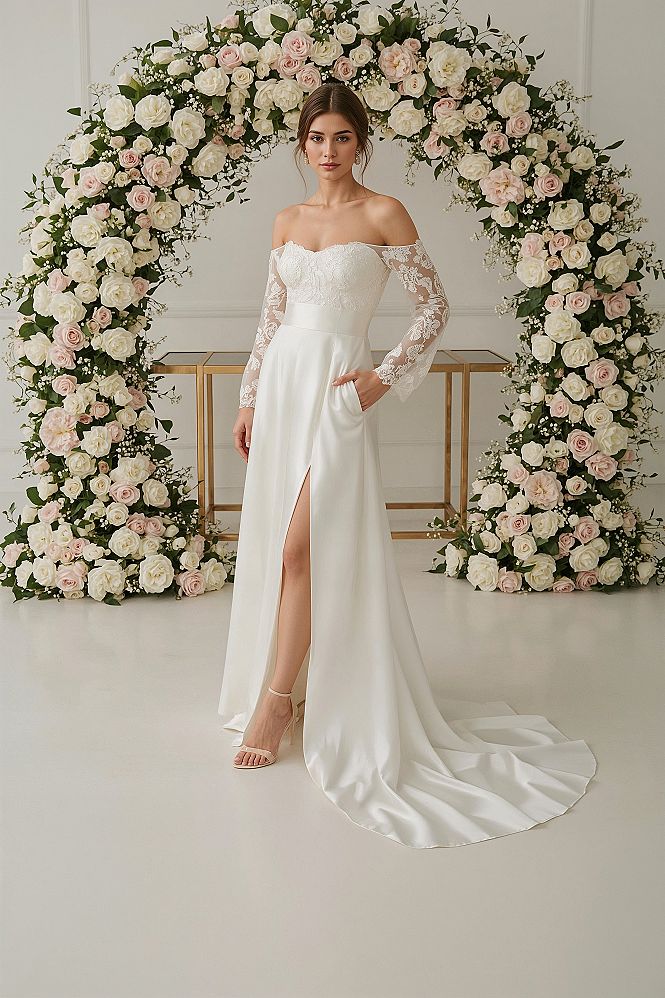 Elegant Off-Shoulder A-Line Wedding Dress with Delicate Lace Sleeves
