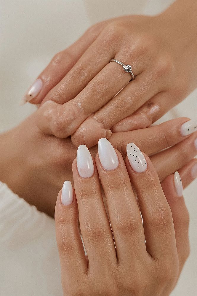 Chic Almond Nails: Clean Girl Aesthetic with Polka Dot & Chrome Accents