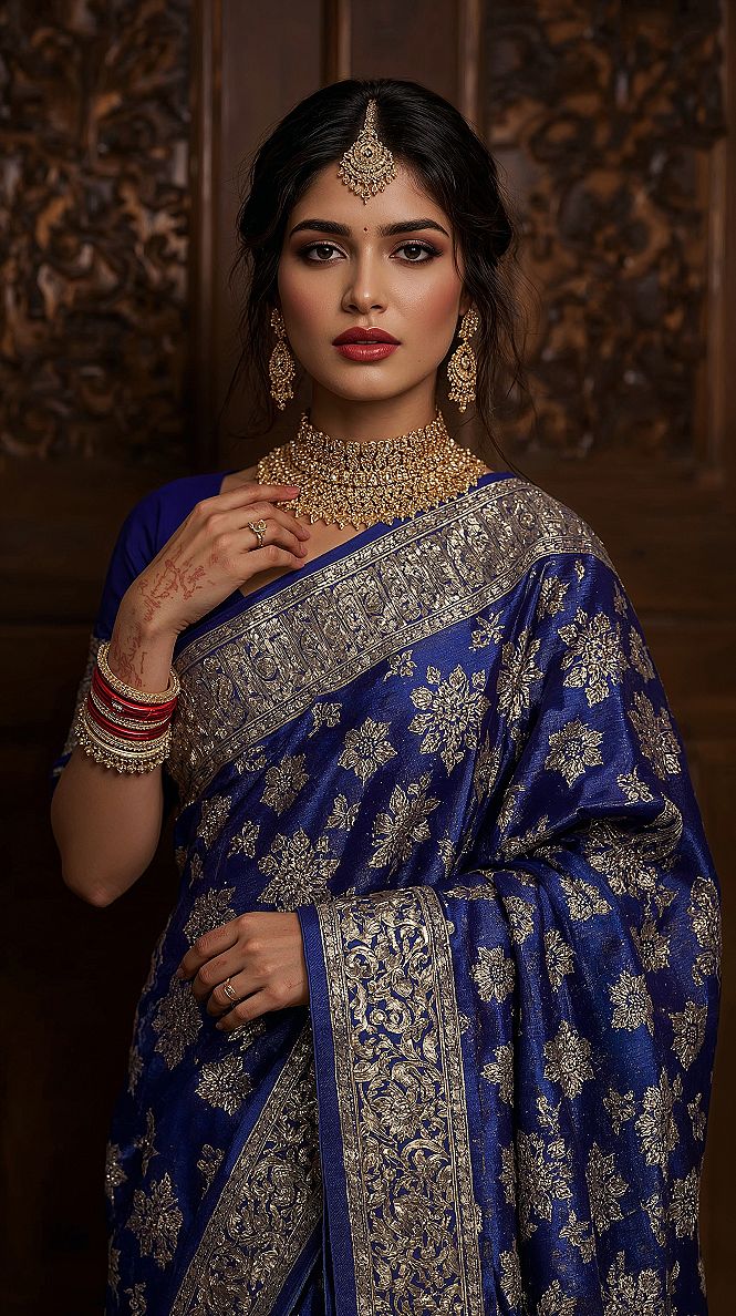 Chic Reception Saree Styles: Gold Jewellery & Banarasi Elegance