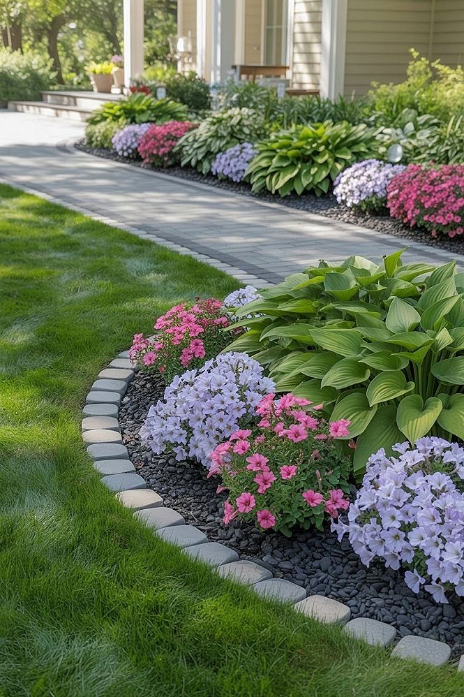 Modern Front Garden: Yard Island Landscaping with Vibrant Plants & Stone