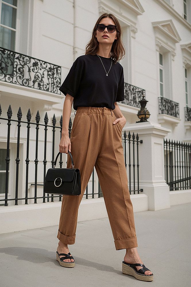 Chic Summer City Style: Effortless Tan Trousers for Women