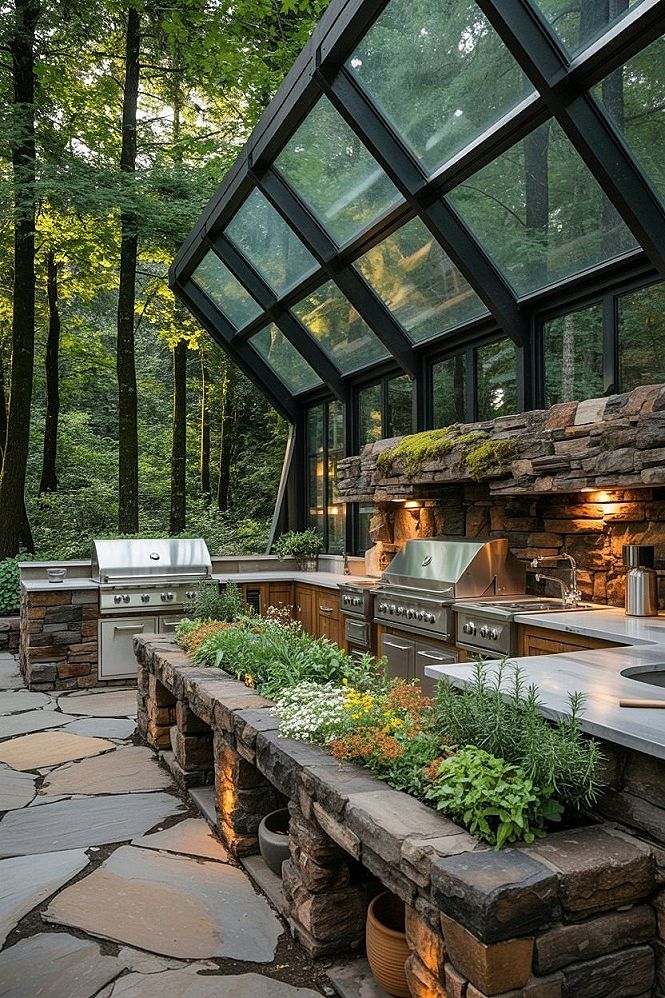 Luxury Glass Outdoor Kitchen: Greenhouse Dining in Nature