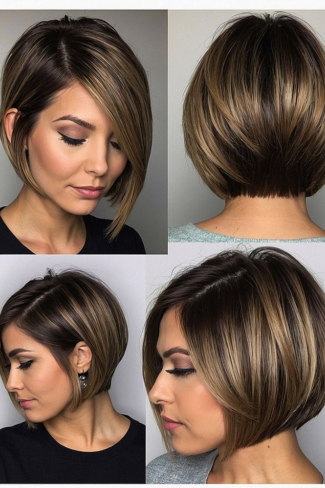 Asymmetrical Bob With Caramel Highlights In Multiple Angles