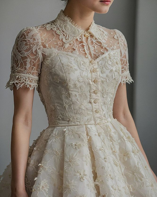 What makes this collar and sleeve lace so captivating?