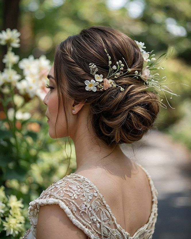 What makes this bridal hairstyle bloom?