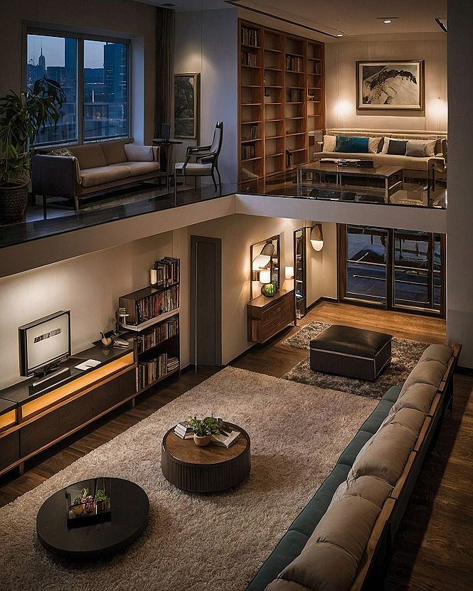 Interior Open-Plan Loft with City Views at Dusk
