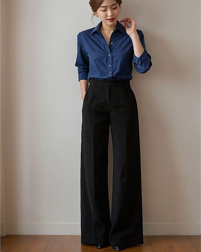 A classic button-down with flowing wide-leg pants
