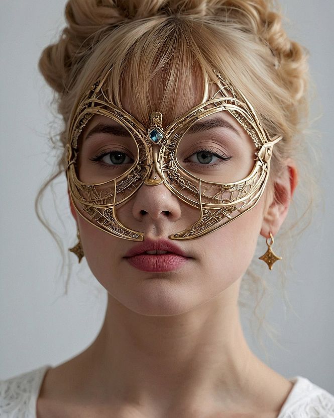 How does this mask enhance her delicate features?