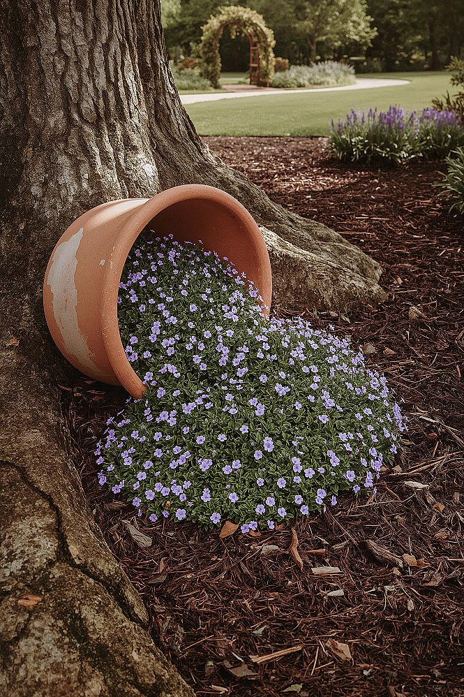 Whimsical Spilled Flower Pot Garden Ideas for Enchanting Landscapes