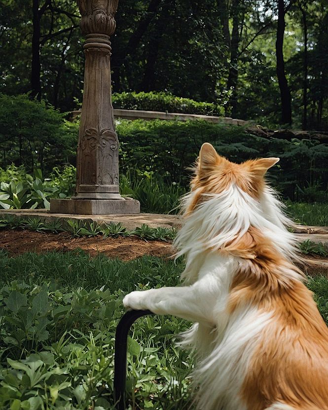 A Long-Haired Dog Gazing Upward in a Lush Forest Clearing