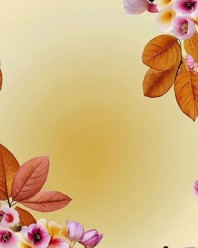 Why do copper leaves and pastel blossoms frame this golden canvas?