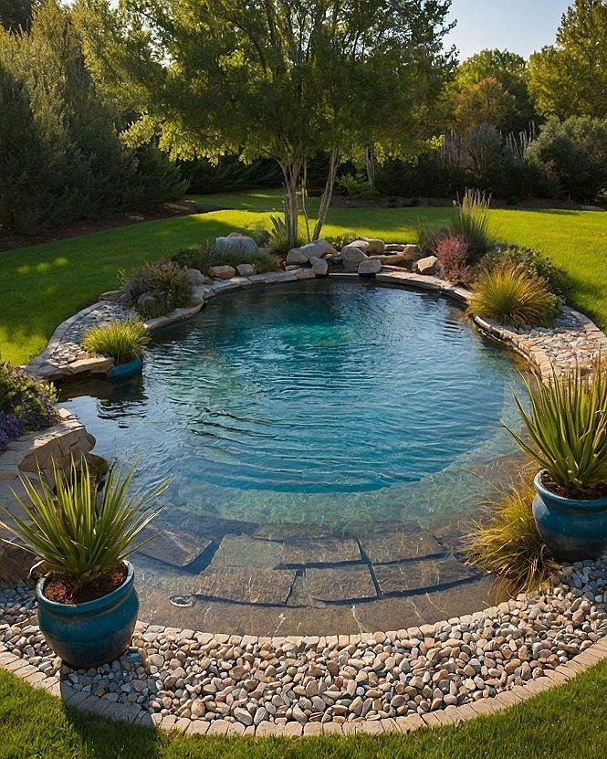 Natural Stone Edging Around a Sunken Backyard Pool Oasis