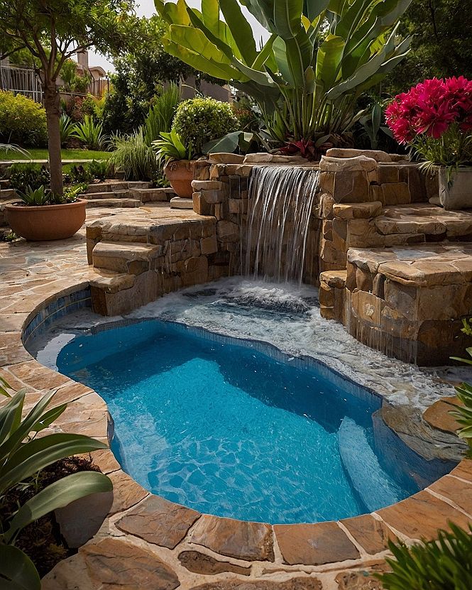 Natural Stone Stacked Waterfall Pouring Into a Tropical Backyard Pool
