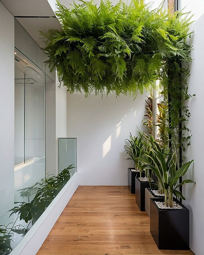 Lush Indoor Fern Canopy Framing a Bright Wooden Hallway