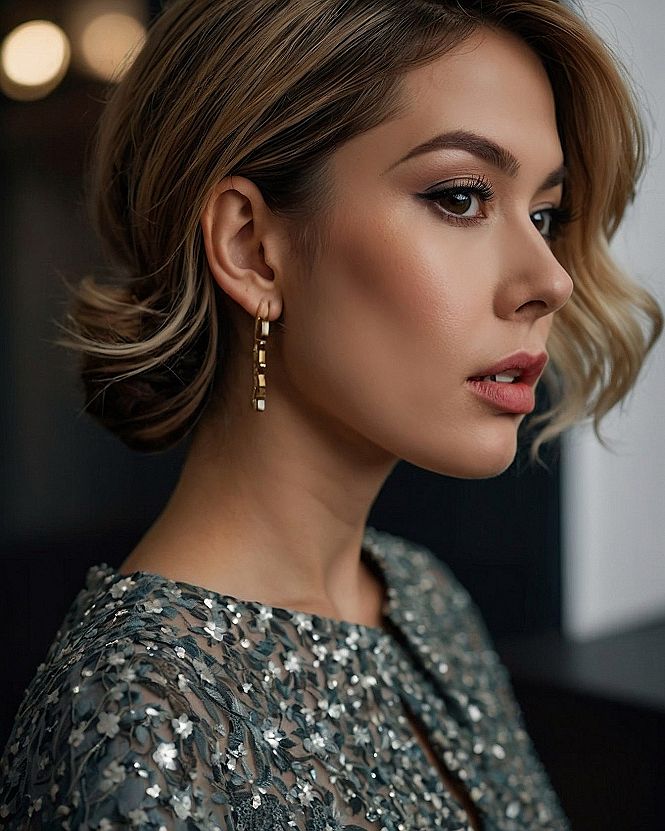 Chic Side Profile of Wavy Short Hair with Gold Drop Earrings